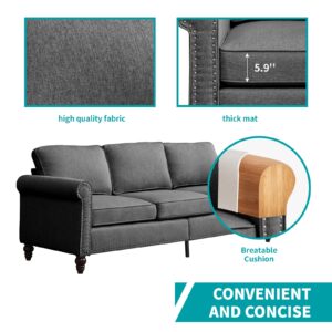 CECER 3 Seater Sofa with Deep Seats，Mid-Century Modern Upholstered Couches with Nailhead Trim，Easy to Install，Comfy Couches for Living Room, Bedroom, Apartment and Office (Dark Grey)