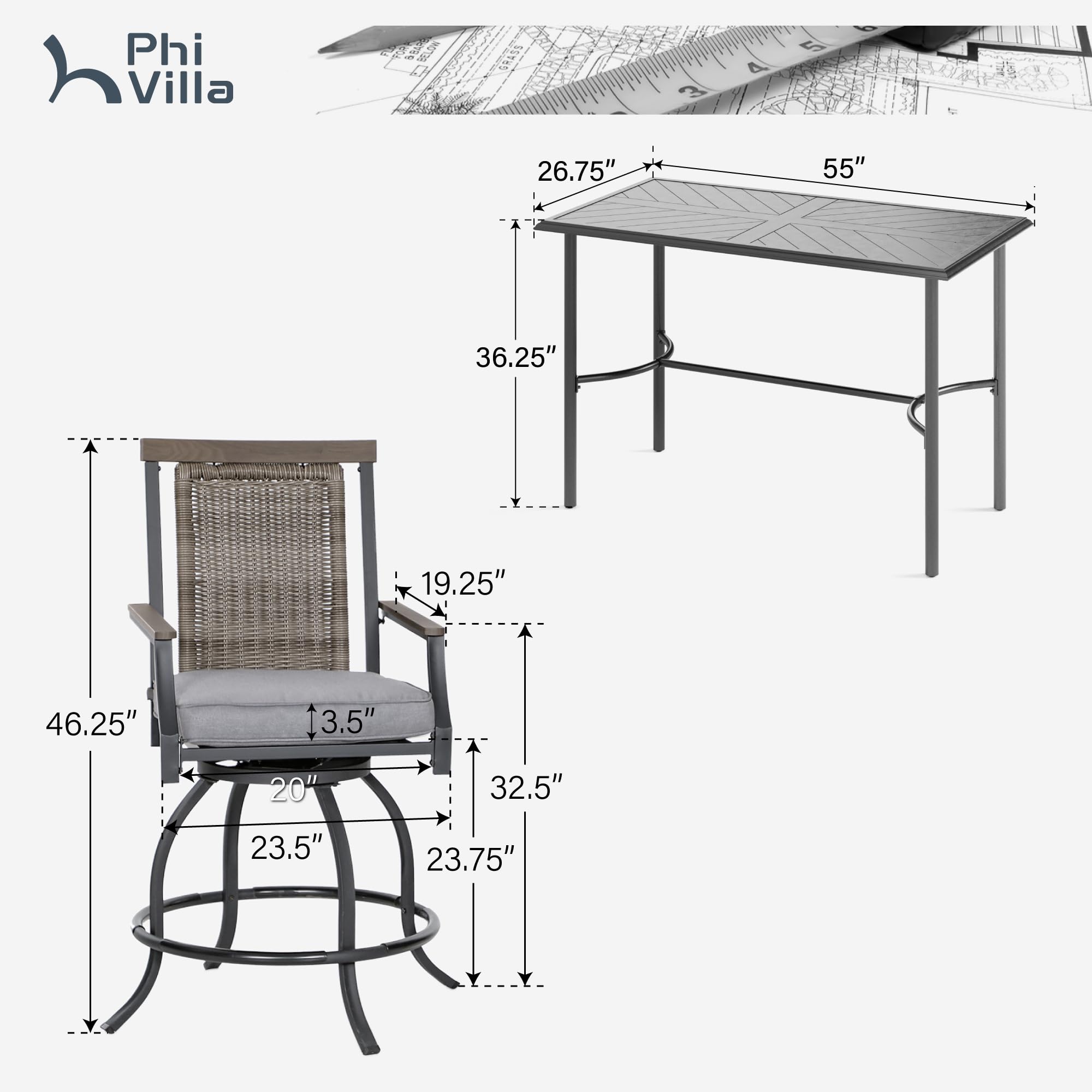 PHI VILLA 5 PCS Outdoor Counter Height Table and Chairs,Swivel Outdoor Bar Chairs with Grey Cushion and Metal bar Table for All Weather,Patio High Dining Set for Indoor,Garden,Yard