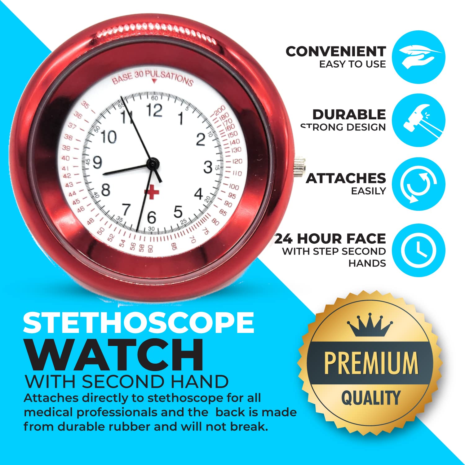 Nurse Stethoscope Watch - Lightweight Metal Frame- Attaches Directly to Stethoscope for All Medical Professionals - Red