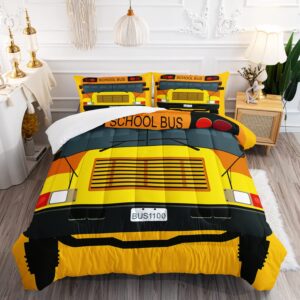 BBchose 3D Cartoon School Bus Bedding Set for Kids，Funny School Bus Ultra Soft All Seasons Comforter Set Cool Car Theme Bed Set 1 Comforter 2 Pillowcases (Queen)