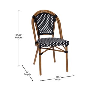 EMMA + OLIVER Soie Bistro Chair - Black & White Woven PE Seat and Back - Bamboo Finish Aluminum Frame - for Indoor/Outdoor Use - Set of Two