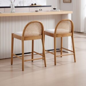 LukeAlon Modern Linen Counter Stools Set of 4, 26" Seat Height Low Bar Stools with Wooden Legs Natural Rattan Cane Back Counter Height Bar Chairs with Footrest for Home Pub Kitchen, Beige