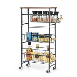 4-Tier Slim Storage Cart, Kitchen Rolling Utility Cart Bathroom Organizer Laundry Room Organization Mobile Shelving Unit with Slide-Out Metal Wire Baskets, Wooden Tabletop & Wheels for Narrow Space