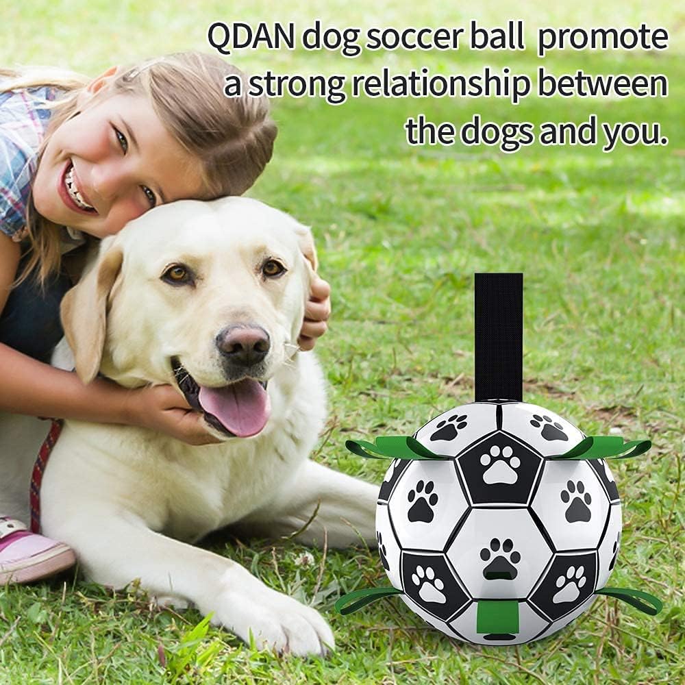 QDAN Dog Toys Soccer Ball with Straps, Puppy Birthday Gifts, Interactive for Tug of War, Durable Balls for Small & Medium Dogs（6 Inch）