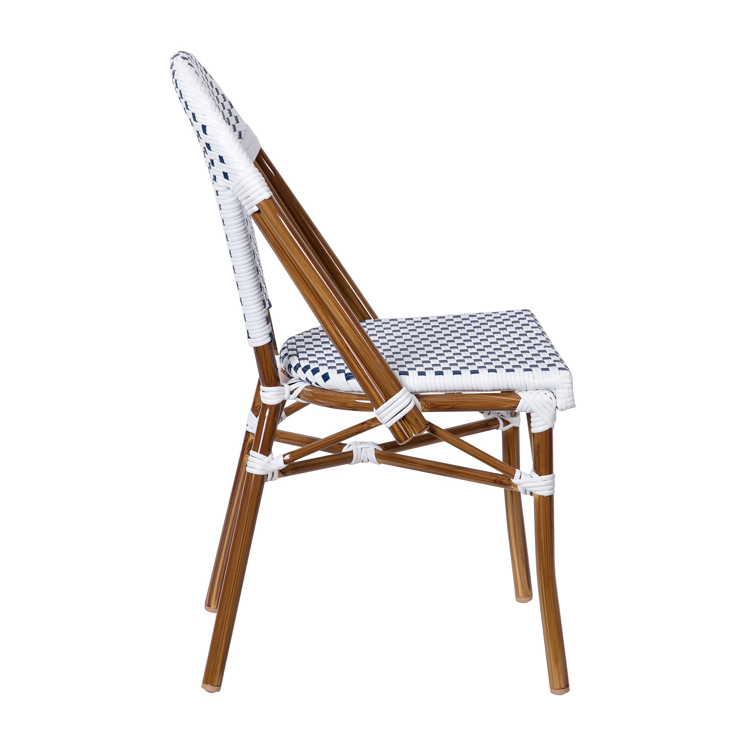 Merrick Lane Celia Bistro Chair - White & Navy Woven PE Seat and Back - Bamboo Finish Aluminum Frame - Set of Two