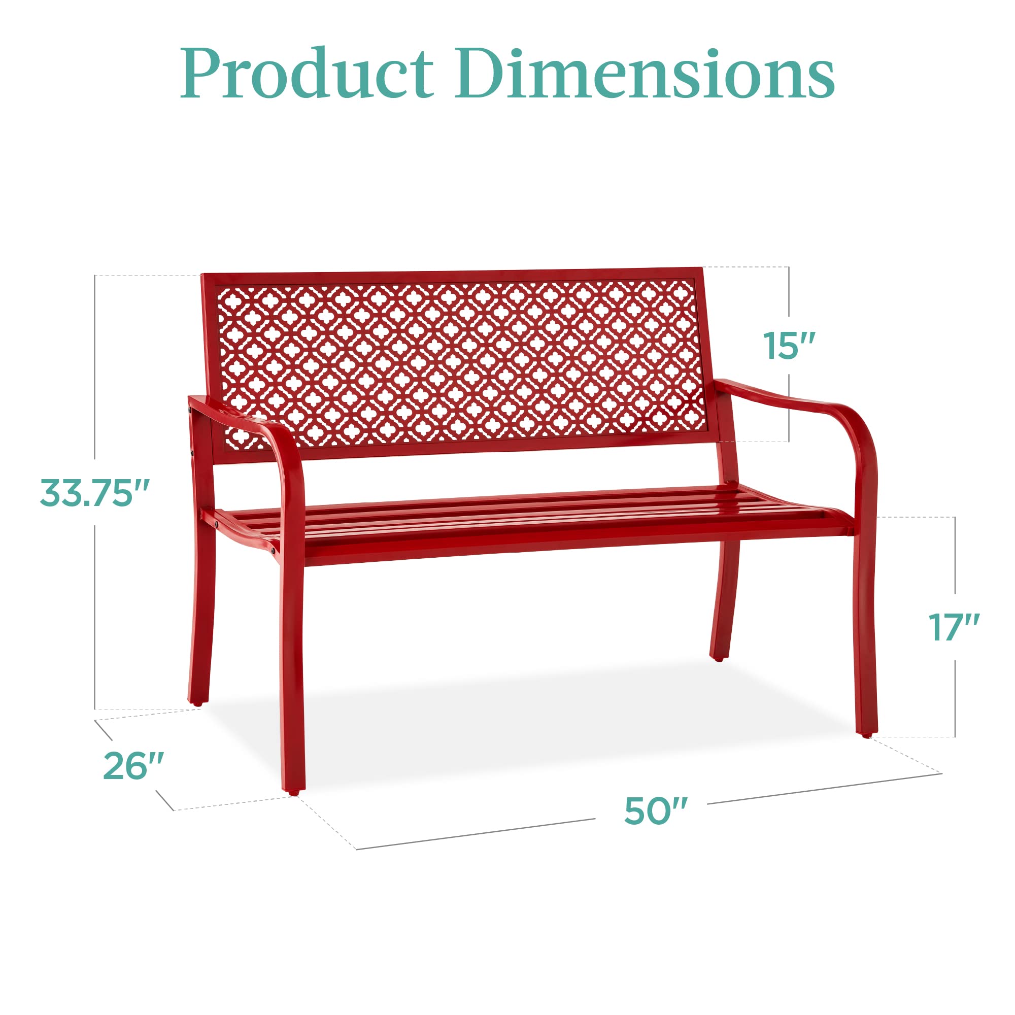 Best Choice Products Outdoor Bench 2-Person Metal Steel Benches Furniture for Garden, Patio, Porch, Entryway w/Geometric Backrest, 790lb Capacity - Rose Red