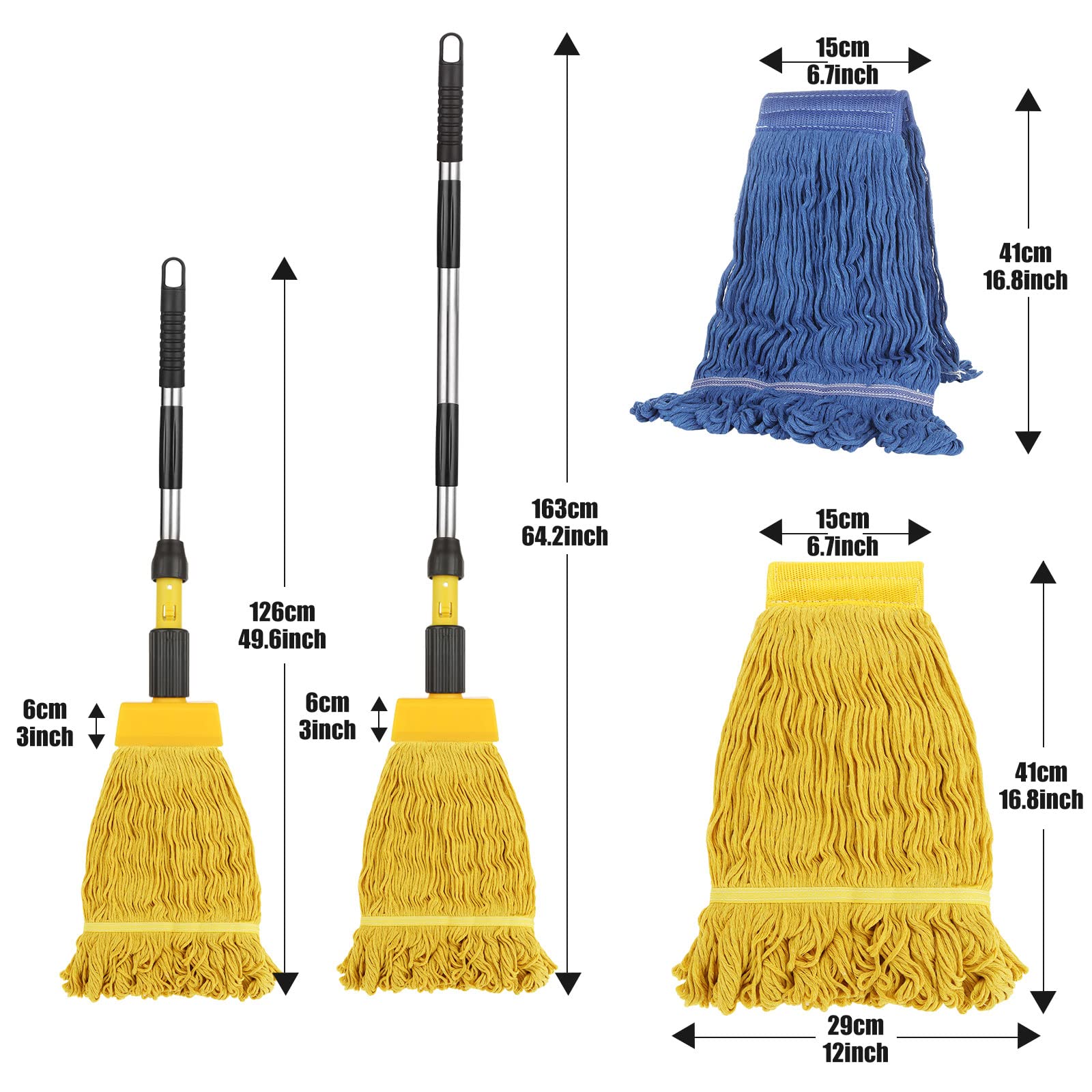 Commercial Mop, Commercial Mop Handle with 2Pcs Commercial Mop Head, Looped-End String Industrial Mop Heavy Duty Mop for Floor Cleaning, Blue/Yellow