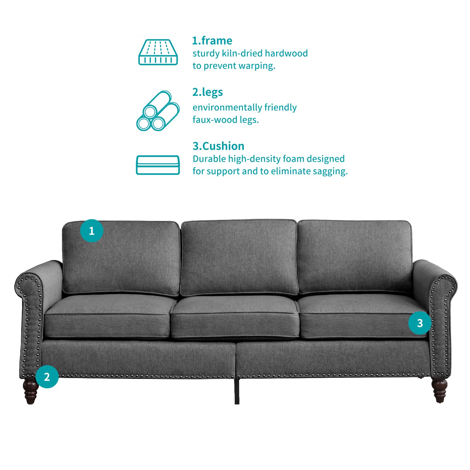 CECER 3 Seater Sofa with Deep Seats，Mid-Century Modern Upholstered Couches with Nailhead Trim，Easy to Install，Comfy Couches for Living Room, Bedroom, Apartment and Office (Dark Grey)