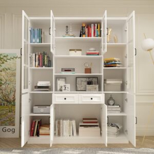 Homsee Tall Bookcase Bookshelf with 15 Storage Shelves, Drawers & 4 Glass Doors, Wooden Display Storage Cabinet with 15 Compartments for Home Office, Living Room, White (63" W x 15.7" D x 78.7" H)