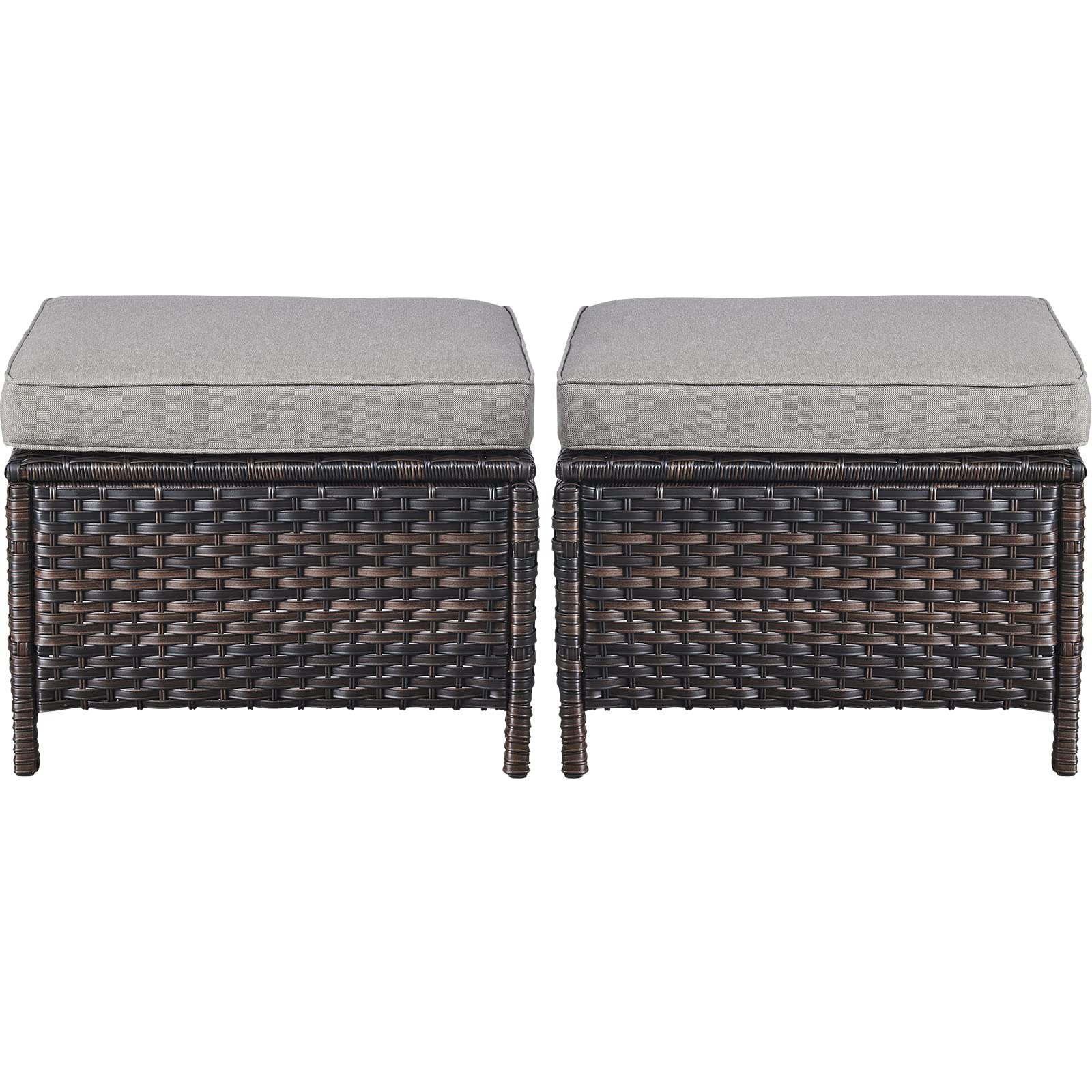 Outdoor Furniture Ottoman Set of 2 Patio Seating Footstool All-Weather Rattan Wicker Ottoman Seat with Soft Cushions for Patio Furniture Set