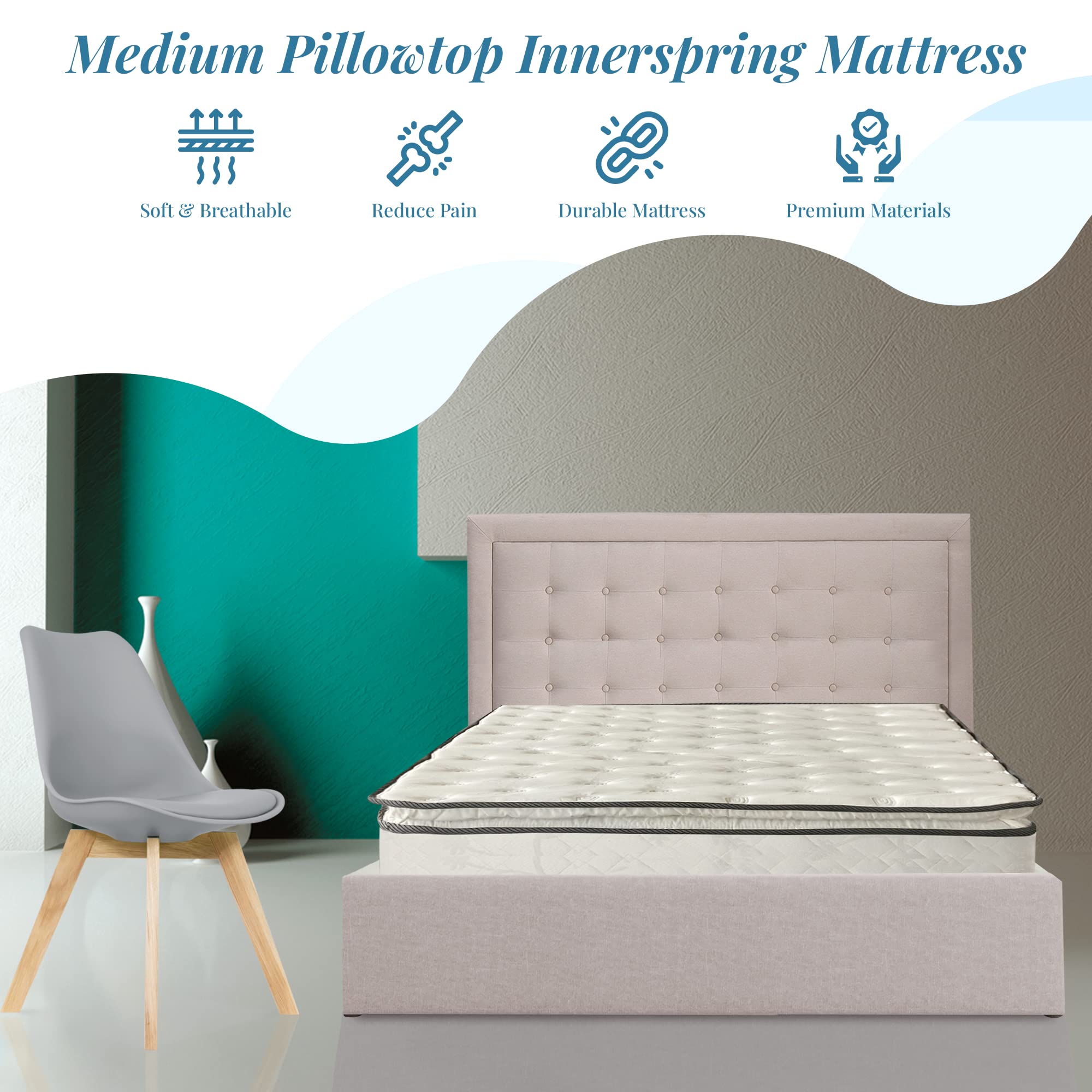 Greaton 1-inch Pillow Top Medium Firm Foam Mattress with 357 Coil Count, Premium Double Sided Mattresses with 12-inch Height, Fully Assembled Bedding, White, Full XL