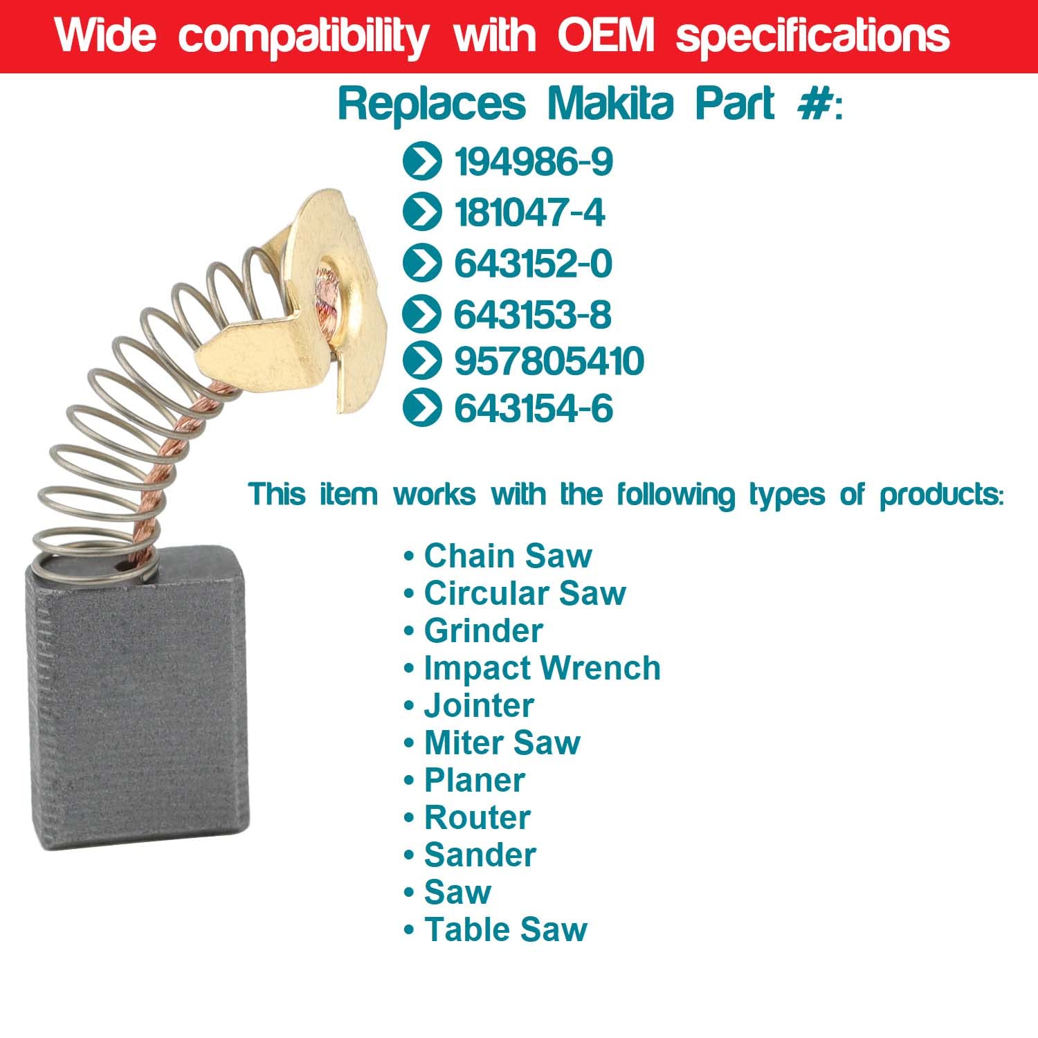 CB154 Carbon Brush Replacement Part Exact Fit for Makita Most Types of Products(Chain Saw, Circular Saw, Grinder, Miter Saw, etc)Replaces 194986-9 181047-4 643152-0 643153-8 957805410 643154-6 (4Pack)