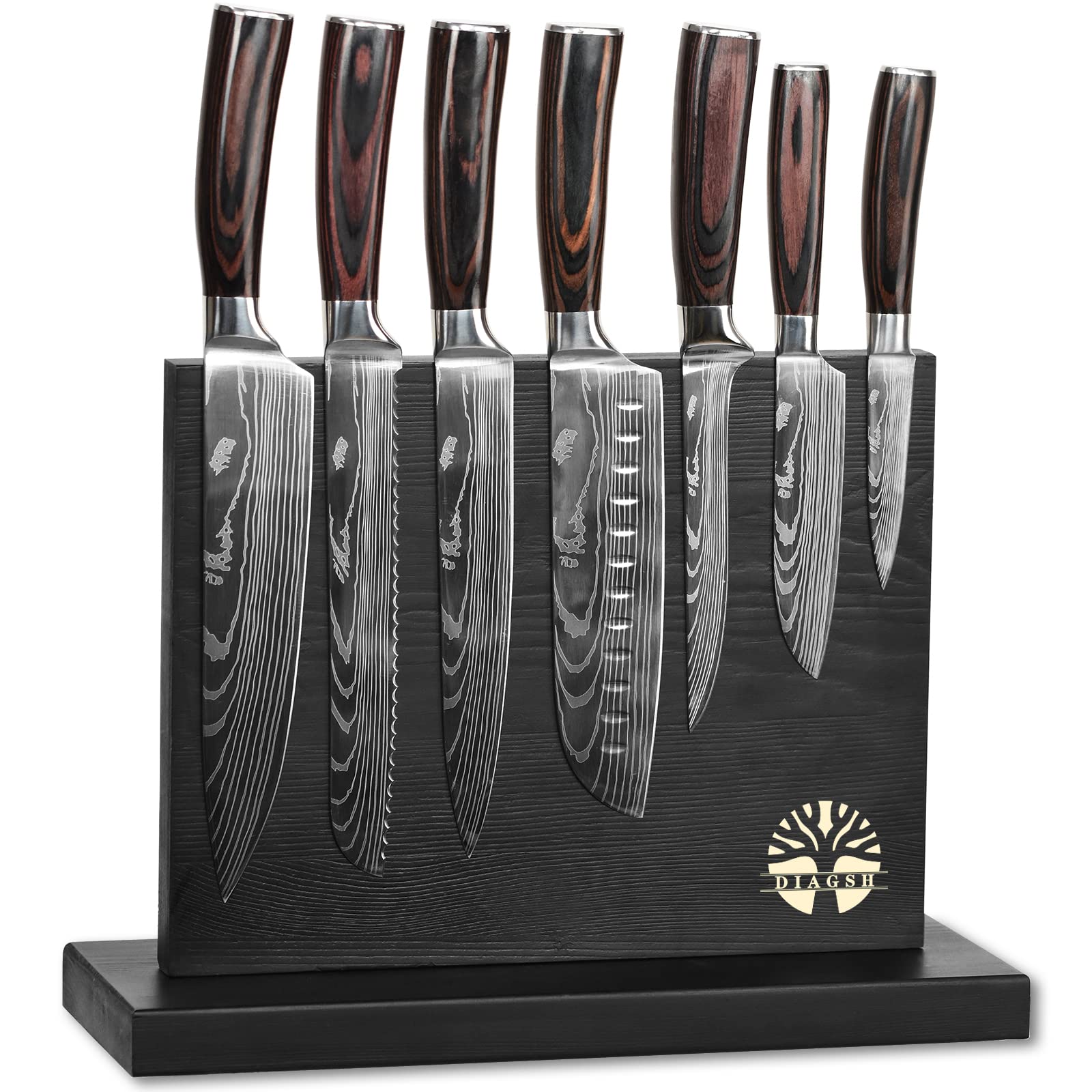 Diagsh 7-Piece Kitchen Knife Set with Magnetic Block - High Carbon Stainless Steel, Hand-Forged, Dishwasher Safe - Professional Kitchen Knives Set with Block, Versatile Knife Block Sets for Kitchen