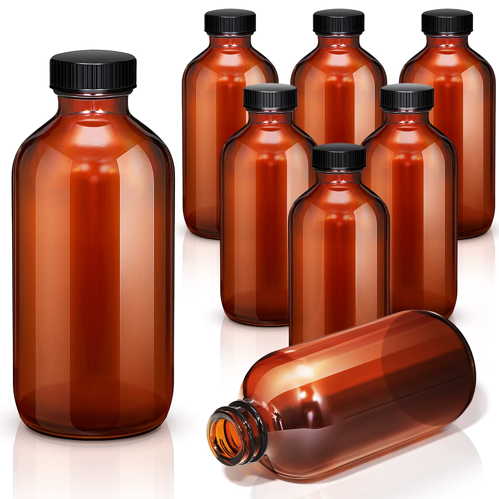 Nuenen 16 Pack 8 oz Amber Boston Round Glass with Black Poly Cone Cap Boston Bottle Brown Amber Glass Bottle for Homemade Vanilla Extract Essential Oils Lab Chemicals