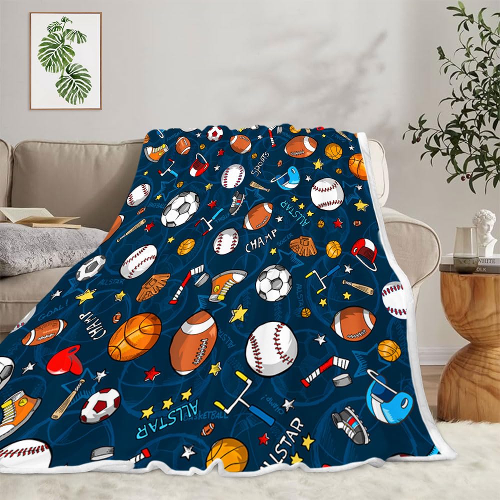 Sports Blanket, Sports Fan Fleece Throw Blanket for Men, Women and Kids, Fleece Basketball Baseball Football Soccer Throw Blanket, Cool Sports Blanket for Boys, Kids, and Children, 60X50 Inch, Blue