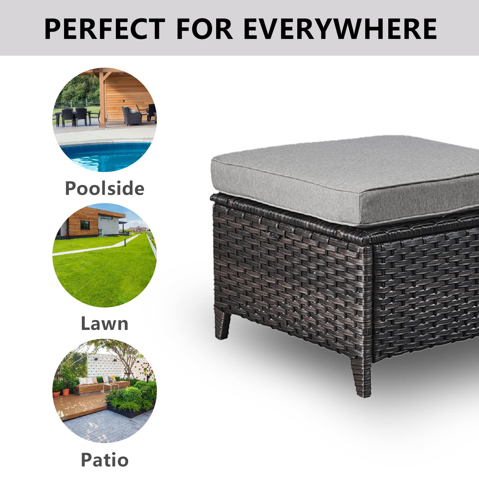 Outdoor Furniture Ottoman Set of 2 Patio Seating Footstool All-Weather Rattan Wicker Ottoman Seat with Soft Cushions for Patio Furniture Set