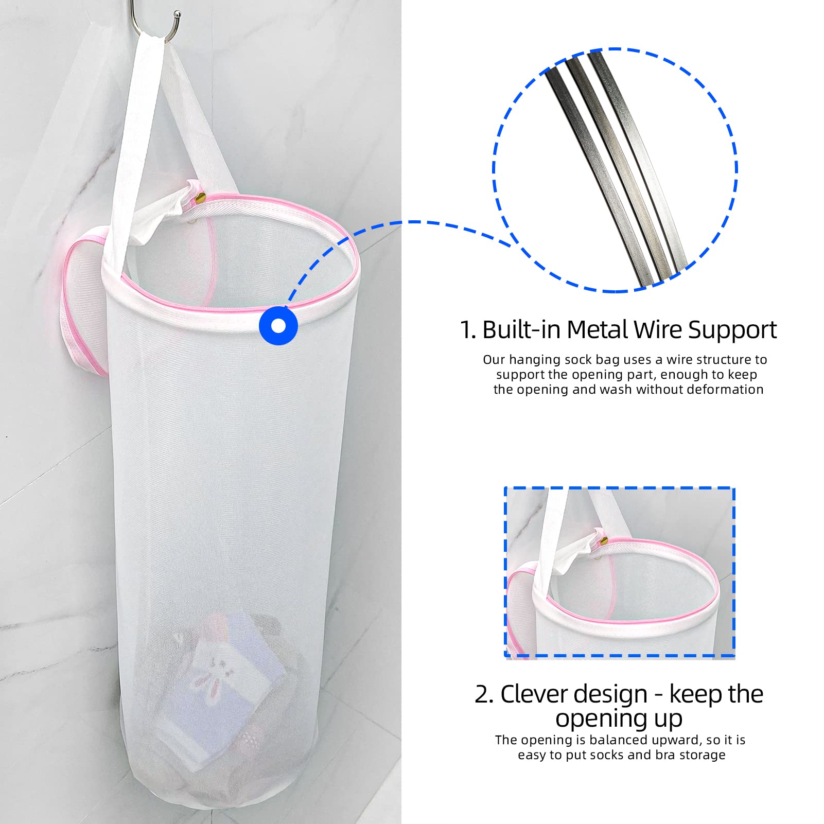 MIFNRO Large Capacity Sock Laundry Bag With Wire Construction Opening Use YKK Zipper Tote Bag Bathroom Hanging Suitable For Underwear, Socks Fine Mesh Laundry Bag 1 Pink