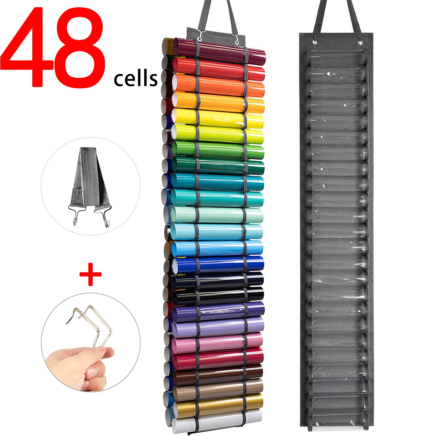 Vinyl Roll Holder - 48 Compartments Vinyl Storage Organizer Pockets Storage, Wall Mount Over The Door Vinyl Roll Storage Rack Vinyl Carrying Holder Bag Gift Wrap Organizer for Craft