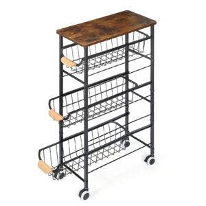 4-tier slim storage cart, kitchen rolling utility cart bathroom organizer laundry room organization mobile shelving unit with slide-out metal wire baskets, wooden tabletop & wheels for narrow space