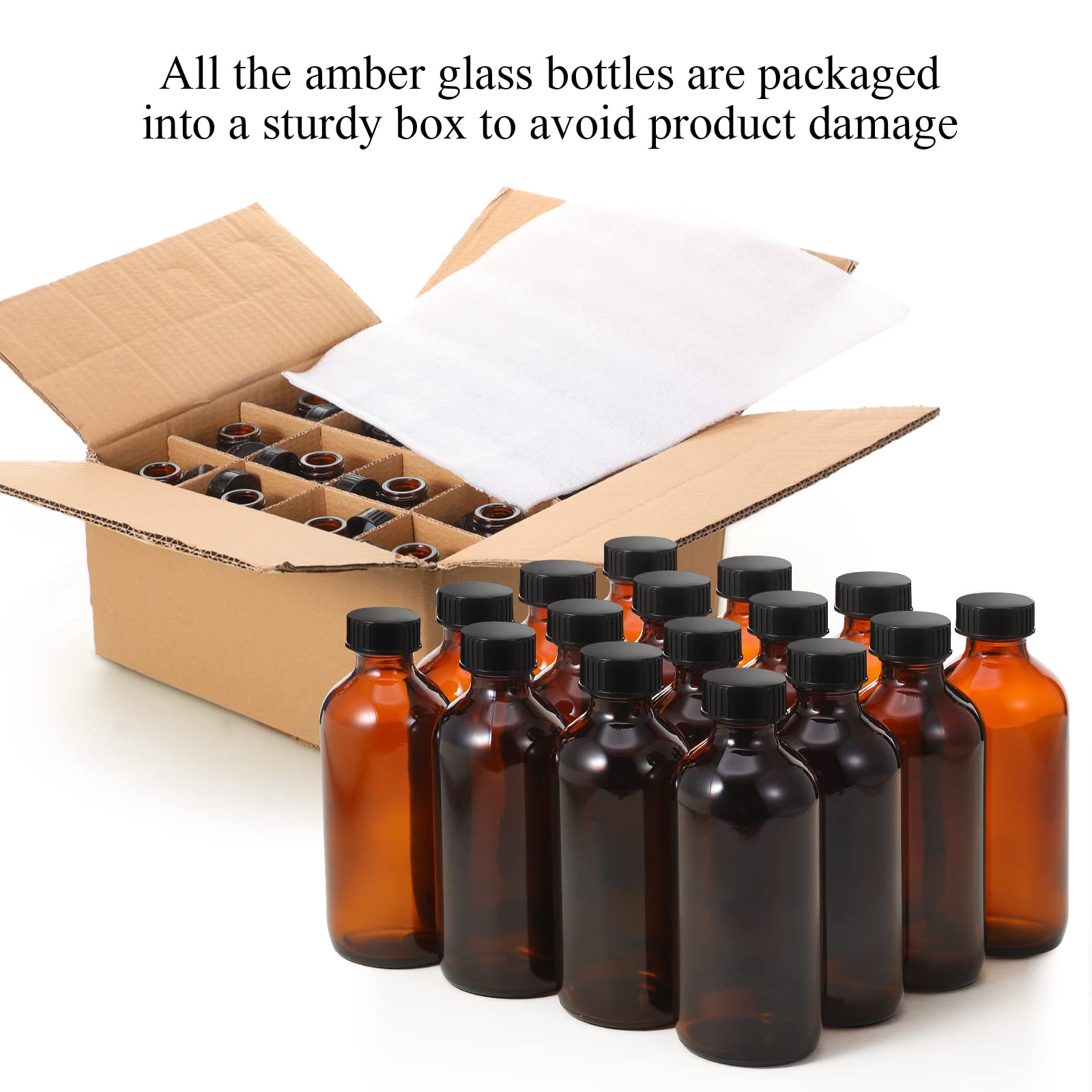 Nuenen 16 Pack 8 oz Amber Boston Round Glass with Black Poly Cone Cap Boston Bottle Brown Amber Glass Bottle for Homemade Vanilla Extract Essential Oils Lab Chemicals