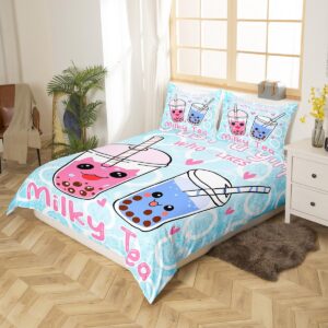 Boba Duvet Cover Girl Loves Boba Comforter Cover Kawaii Bubble Tea Stuffed Bedding Set for Kids Adults Cartoon Boba Bedspread Cover Full Size Bedclothes Zipper (No Comforter)