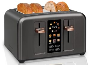 seedeem toaster 4 slice, full touch control toaster, lcd display, 6 bread type, 7 shade settings, 1.4''wide slots，more time function, removable crumb tray, 1800w, dark metallic