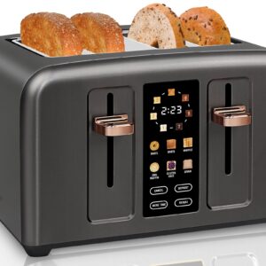 SEEDEEM Toaster 4 Slice, Full Touch control Toaster, LCD Display, 6 Bread Type, 7 Shade Settings, 1.4''Wide Slots，More Time Function, Removable Crumb Tray, 1800W, Dark Metallic