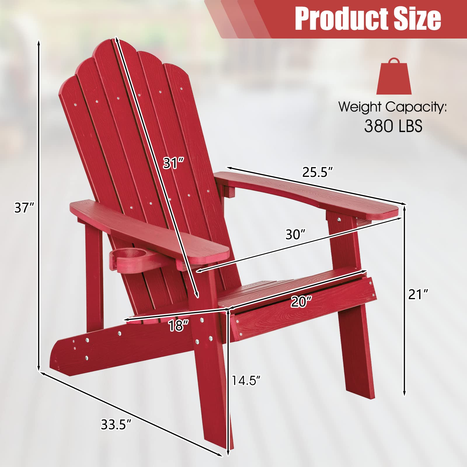 Giantex Outdoor Adirondack Chair - Oversized Patio Chairs w/Hidden Cup Holder, Realistic Wood Grain, 380 LBS Weight Capacity, Weather Resistant Firepit Chairs for Backyard, Garden (4, Red)