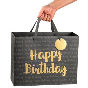 Loveinside Black and Gold Birthday Gift Bag with Tissue Paper for Birthday, Baby Shower, Party, and More - 13" x 5" x 10", 1 Pcs