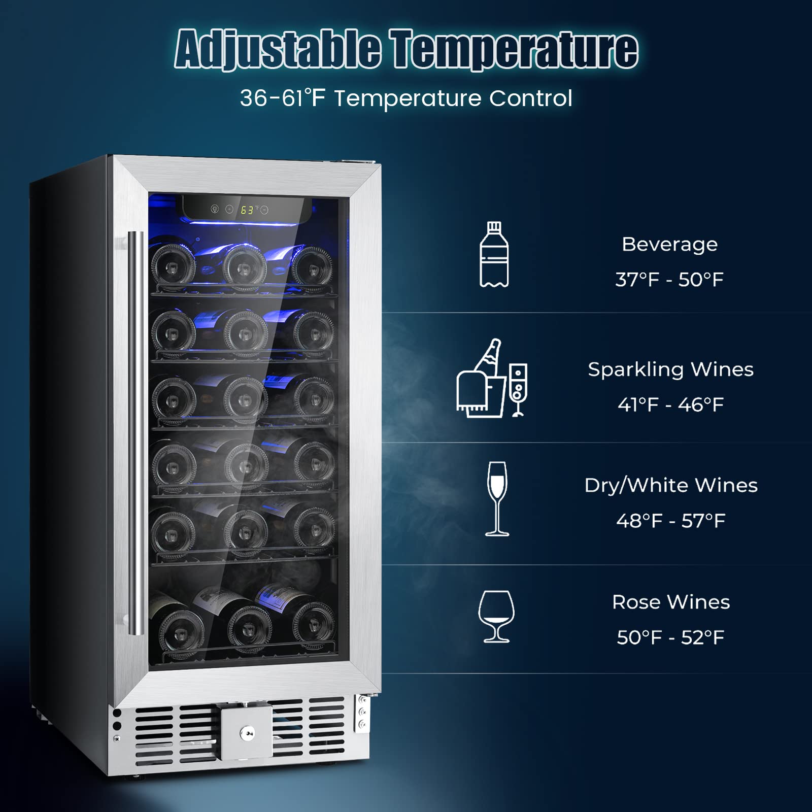 PETSITE 30 Bottle Wine Cooler, 15 Inch Freestanding & Built-in Wine Fridge with Temperature Control & Memory, Stainless Steel Beverage Refrigerator for Standard & Large Bottles