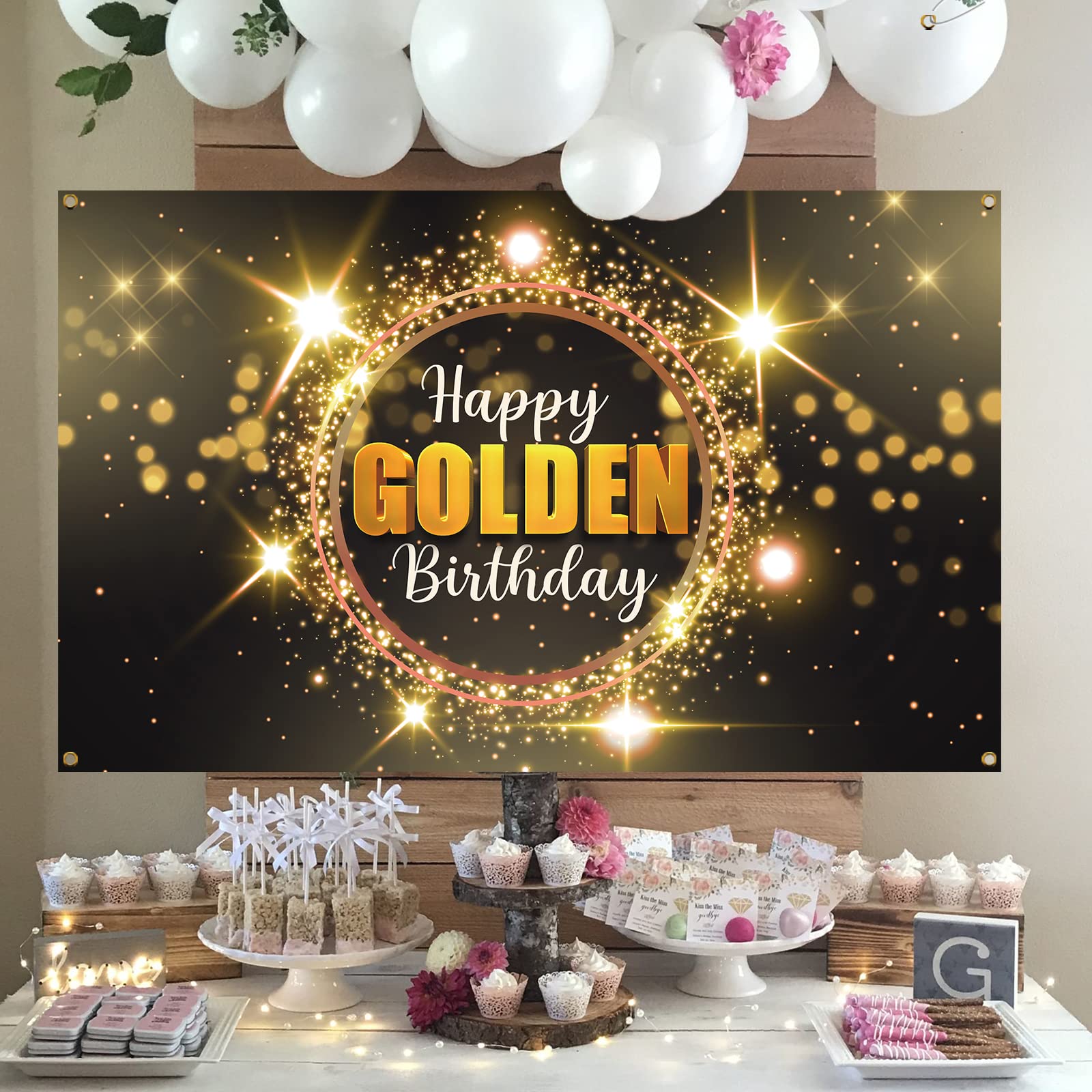 MELTELOT Happy Golden Birthday Backdrop Banner-Gold Black Glitter Wedding Bridal Baby Shower Party Banner-Awards Ceremony Girls Luxury Background Backdrop 6x4ft