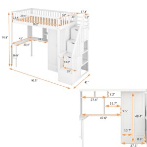 Quarte Multifunctional Wooden Twin Size Loft Bed with Built-in Desk,Bookshelf and Wardrobe,Drawers and Storage Stairs,for Kids Boys Girls Teens Adults Bedroom (White@r)