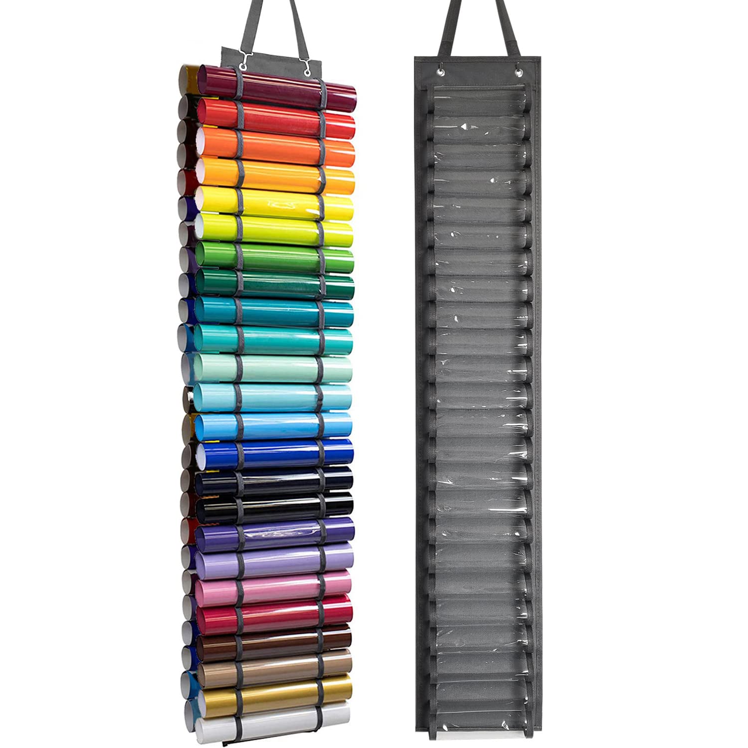 Vinyl Roll Holder - 48 Compartments Vinyl Storage Organizer Pockets Storage, Wall Mount Over The Door Vinyl Roll Storage Rack Vinyl Carrying Holder Bag Gift Wrap Organizer for Craft