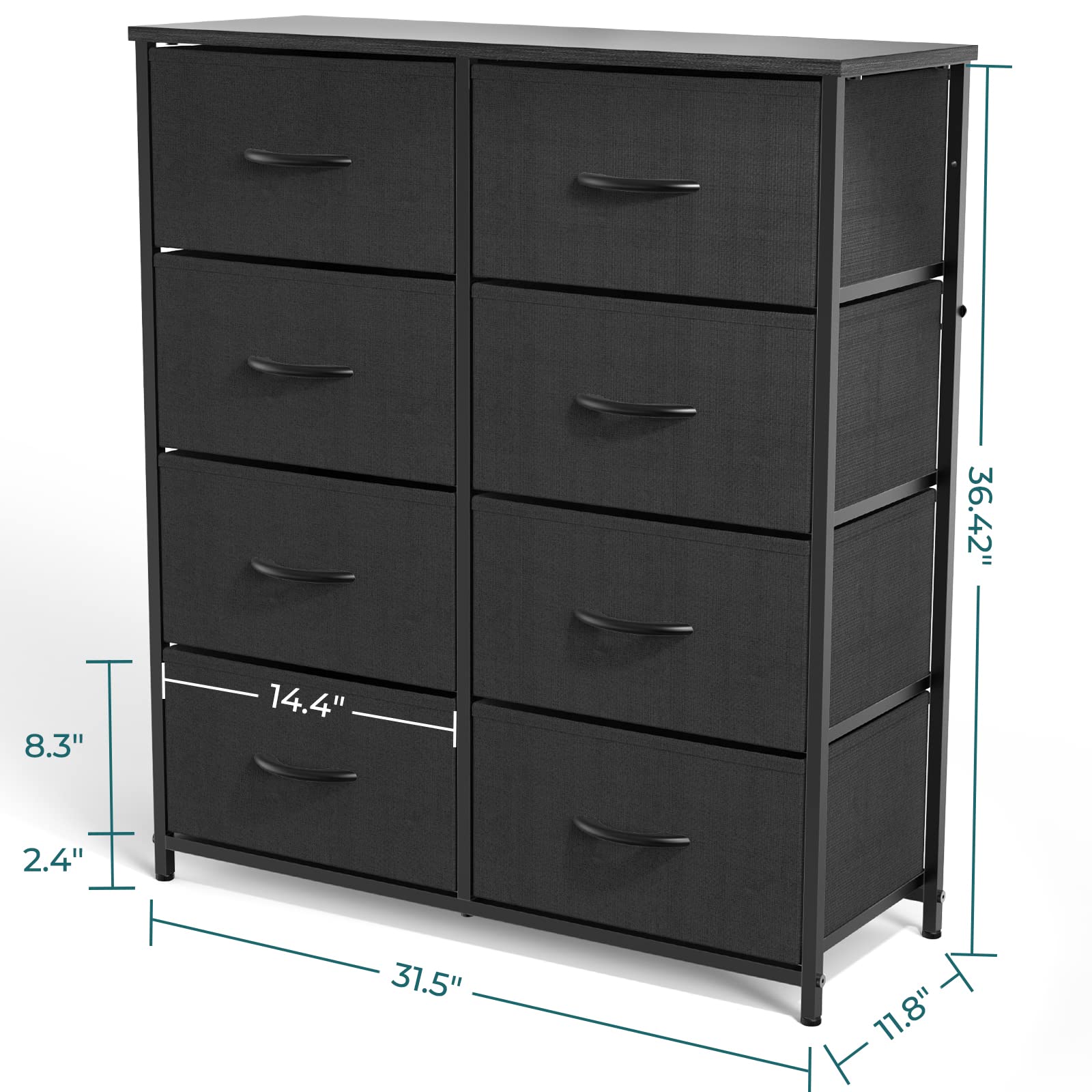 Smug Dresser for Bedroom, Tall Dresser with 8 Drawers, Storage Tower with Fabric Bins, Double Dresser, Wooden Top, Chest of Drawers for Closet, Living Room, Hallway, Children's Room, Black