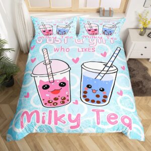 boba duvet cover girl loves boba comforter cover kawaii bubble tea stuffed bedding set for kids adults cartoon boba bedspread cover full size bedclothes zipper (no comforter)