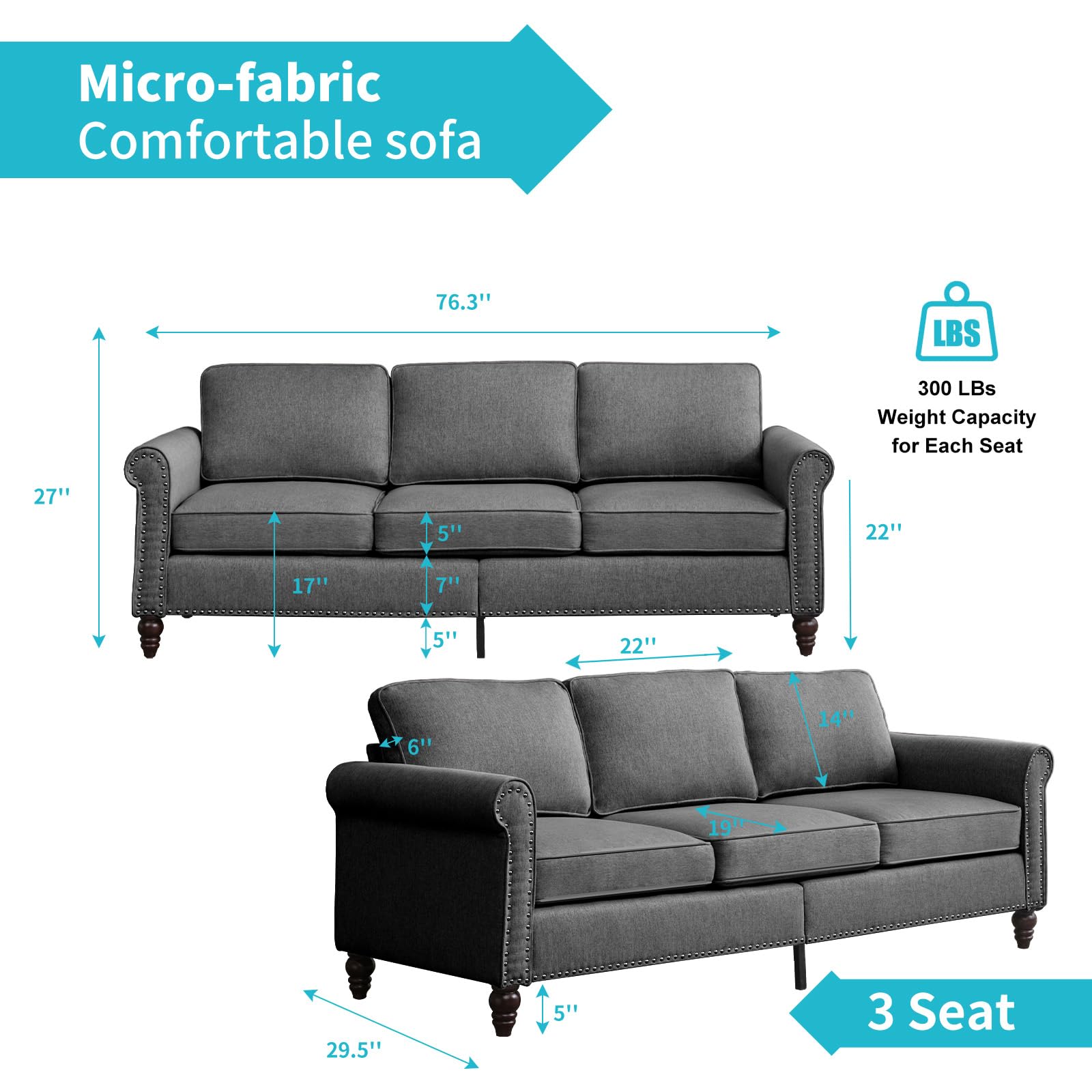 CECER 3 Seater Sofa with Deep Seats，Mid-Century Modern Upholstered Couches with Nailhead Trim，Easy to Install，Comfy Couches for Living Room, Bedroom, Apartment and Office (Dark Grey)