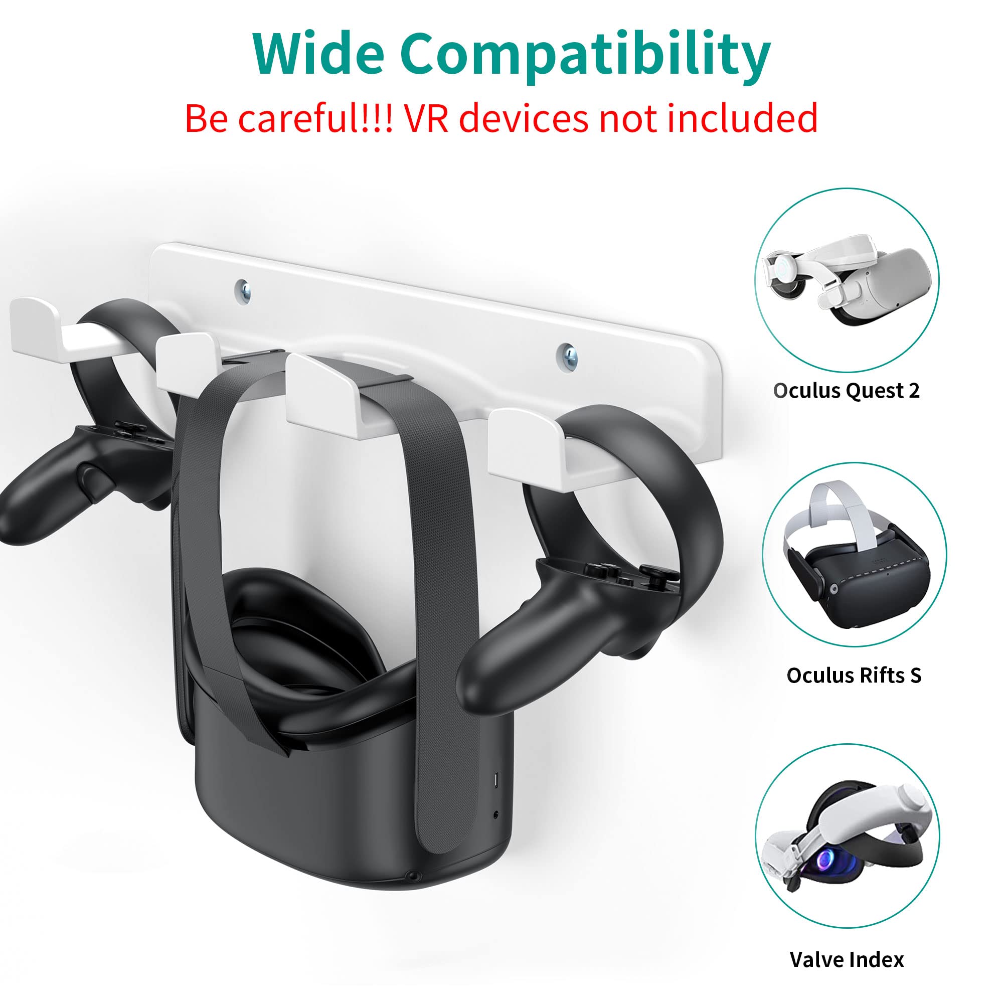 HomeMount VR Wall Mount Storage Stand Hook-for Meta/Oculus Quest 2/Quest/Rift/Rift S/Valve Index/HTC Vive/HP Reverb G2/ PlayStation VR Headsets, Gaming Controller Hanger Space Saving（White）