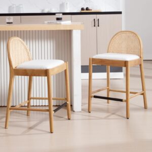 LukeAlon Modern Linen Counter Stools Set of 4, 26" Seat Height Low Bar Stools with Wooden Legs Natural Rattan Cane Back Counter Height Bar Chairs with Footrest for Home Pub Kitchen, Beige