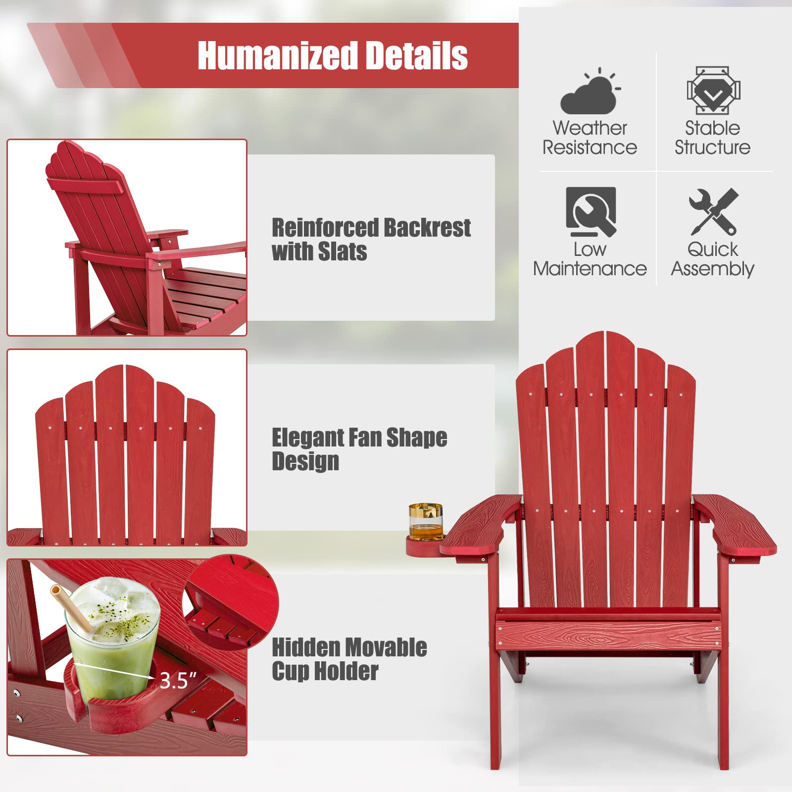 Giantex Outdoor Adirondack Chair - Oversized Patio Chairs w/Hidden Cup Holder, Realistic Wood Grain, 380 LBS Weight Capacity, Weather Resistant Firepit Chairs for Backyard, Garden (4, Red)