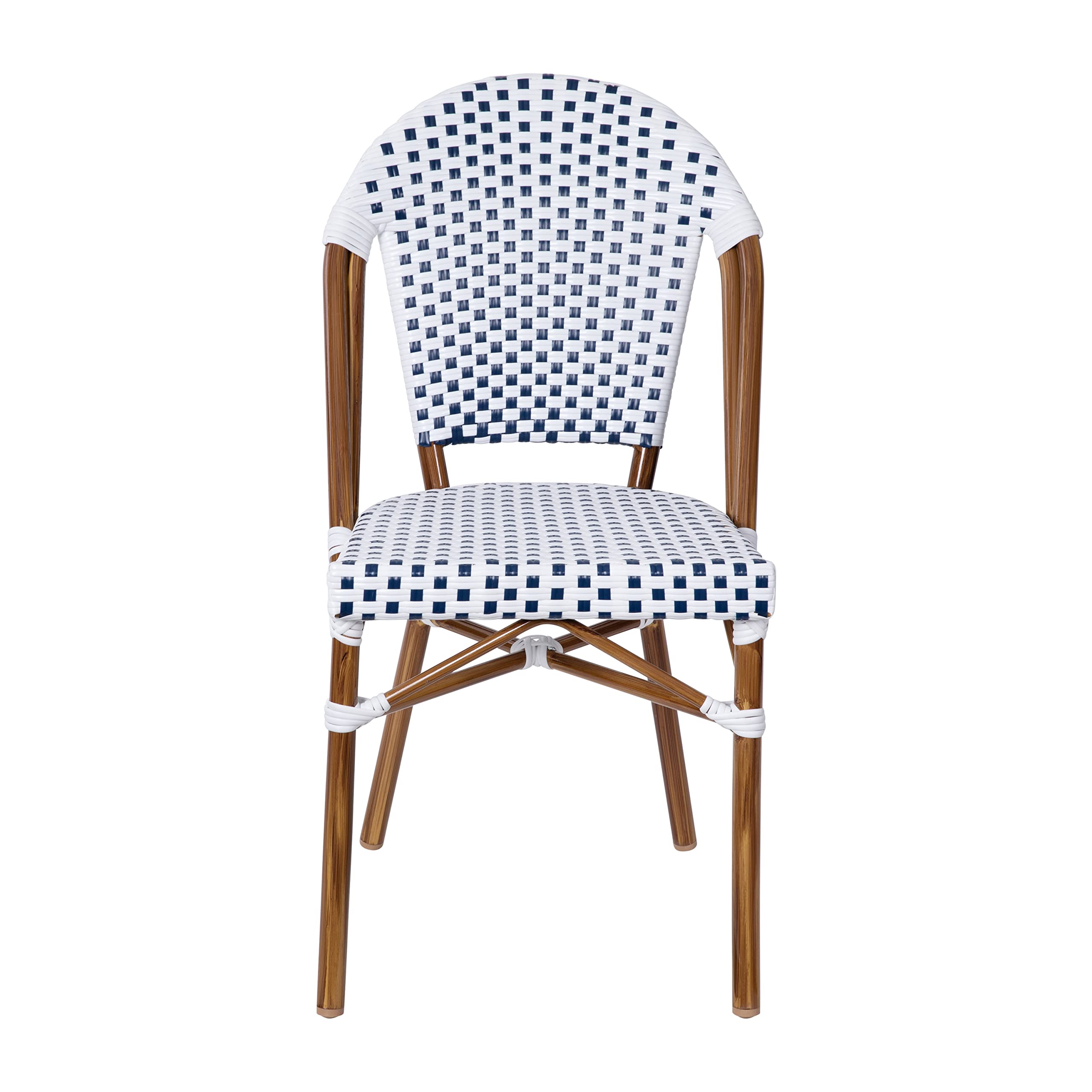 Merrick Lane Celia Bistro Chair - White & Navy Woven PE Seat and Back - Bamboo Finish Aluminum Frame - Set of Two