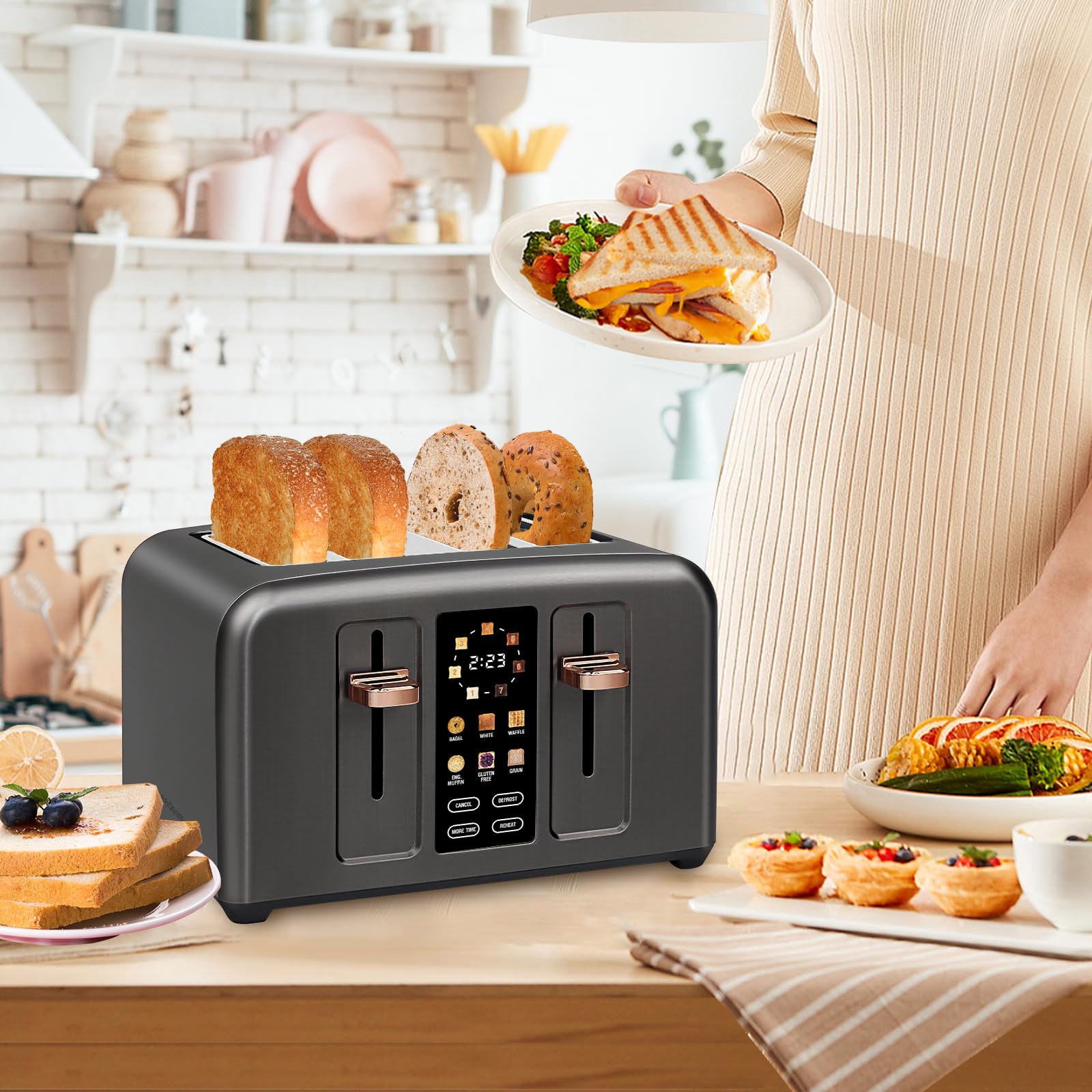 SEEDEEM Toaster 4 Slice, Full Touch control Toaster, LCD Display, 6 Bread Type, 7 Shade Settings, 1.4''Wide Slots，More Time Function, Removable Crumb Tray, 1800W, Dark Metallic