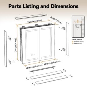 Bathlink Medicine Cabinet with Lights, Lighted Bathroom Medicine Cabinet with Mirror, 24"×26"×5", Built-in Outlet, Temperature&Time Display, Recessed&Surface Mount, Defog