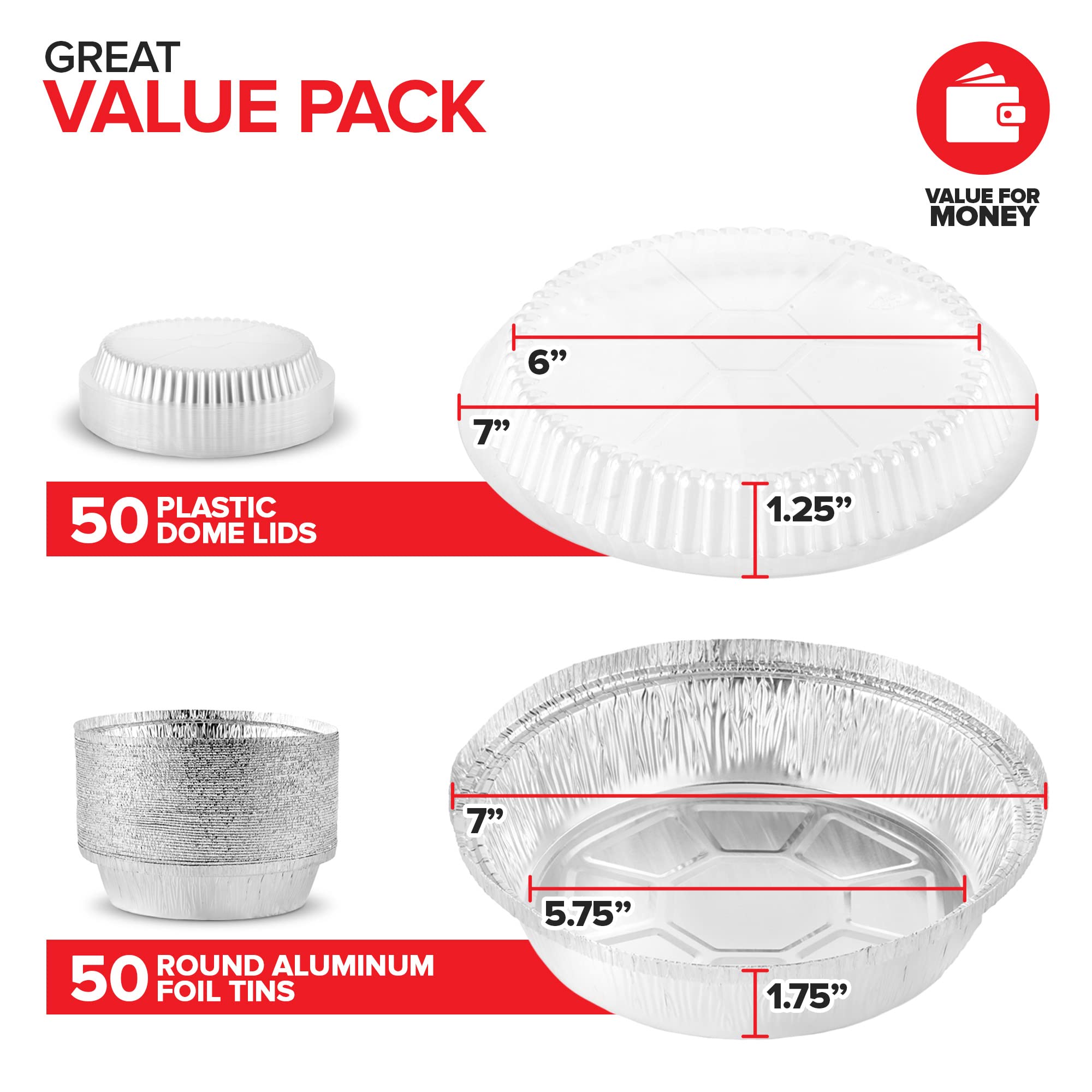 Stock Your Home 7 Inch Round Aluminum Pans with Lids (50 Pack) Disposable Foil Pan with Clear Dome Top, To Go Pie Tins, Containers for Baking or Take out Food