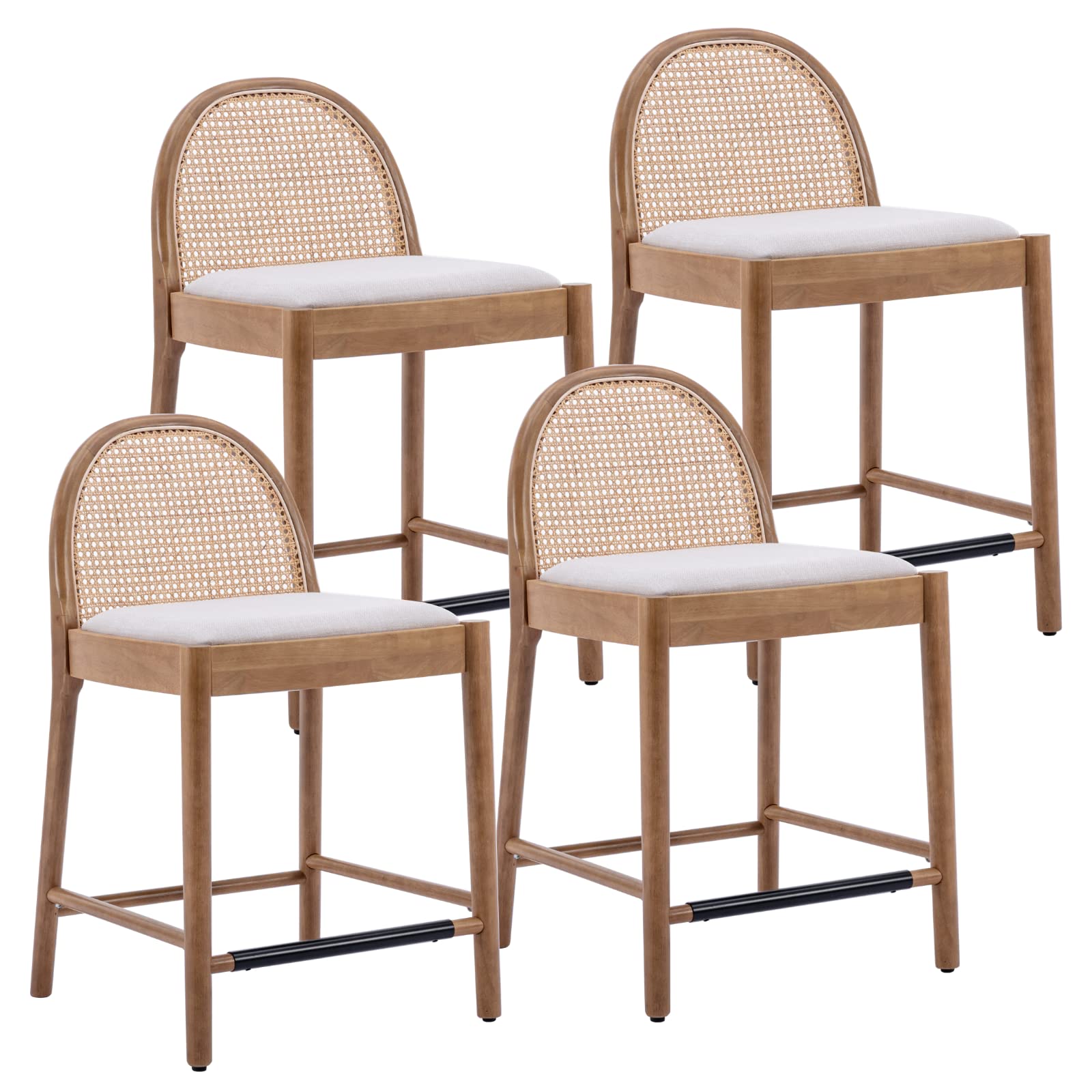 LukeAlon Modern Linen Counter Stools Set of 4, 26" Seat Height Low Bar Stools with Wooden Legs Natural Rattan Cane Back Counter Height Bar Chairs with Footrest for Home Pub Kitchen, Beige