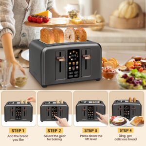 SEEDEEM Toaster 4 Slice, Full Touch control Toaster, LCD Display, 6 Bread Type, 7 Shade Settings, 1.4''Wide Slots，More Time Function, Removable Crumb Tray, 1800W, Dark Metallic