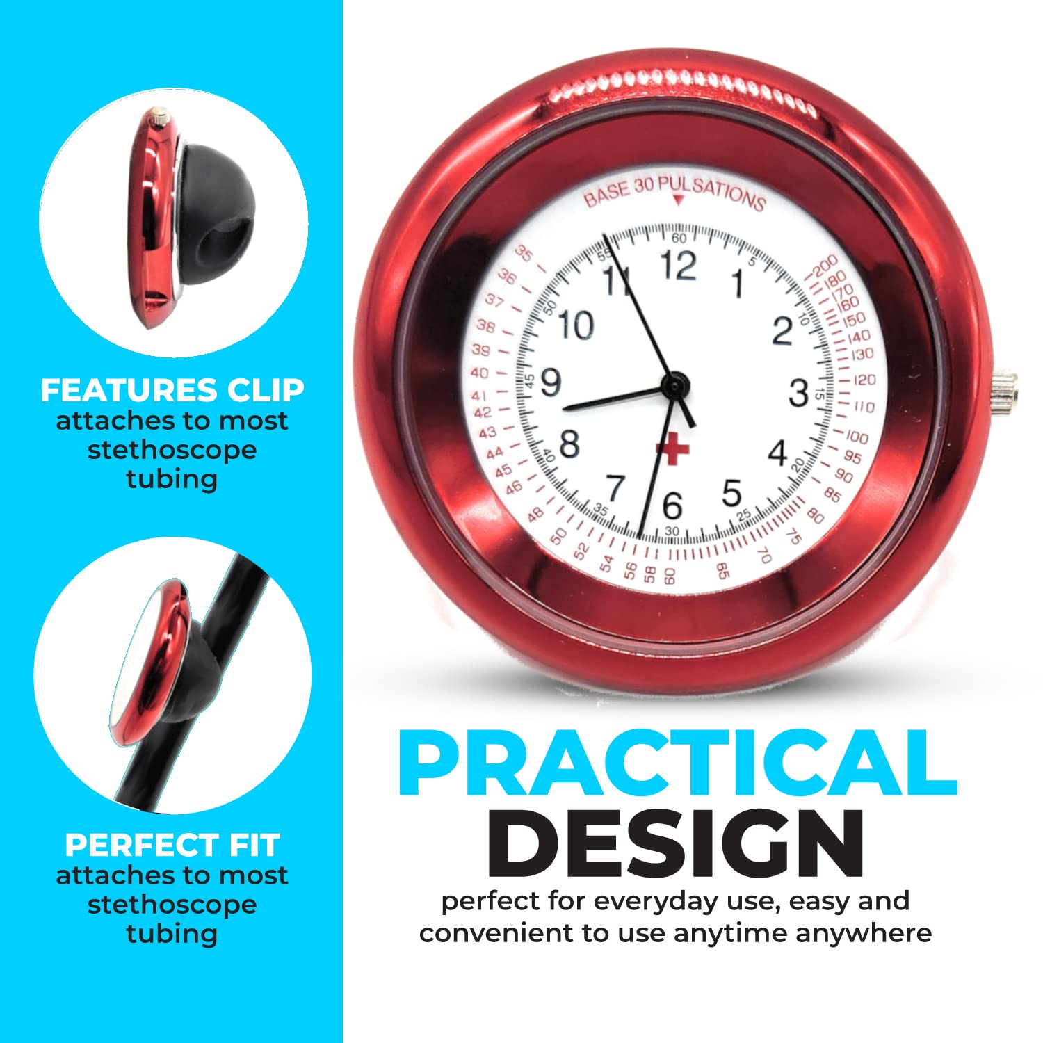 Nurse Stethoscope Watch - Lightweight Metal Frame- Attaches Directly to Stethoscope for All Medical Professionals - Red