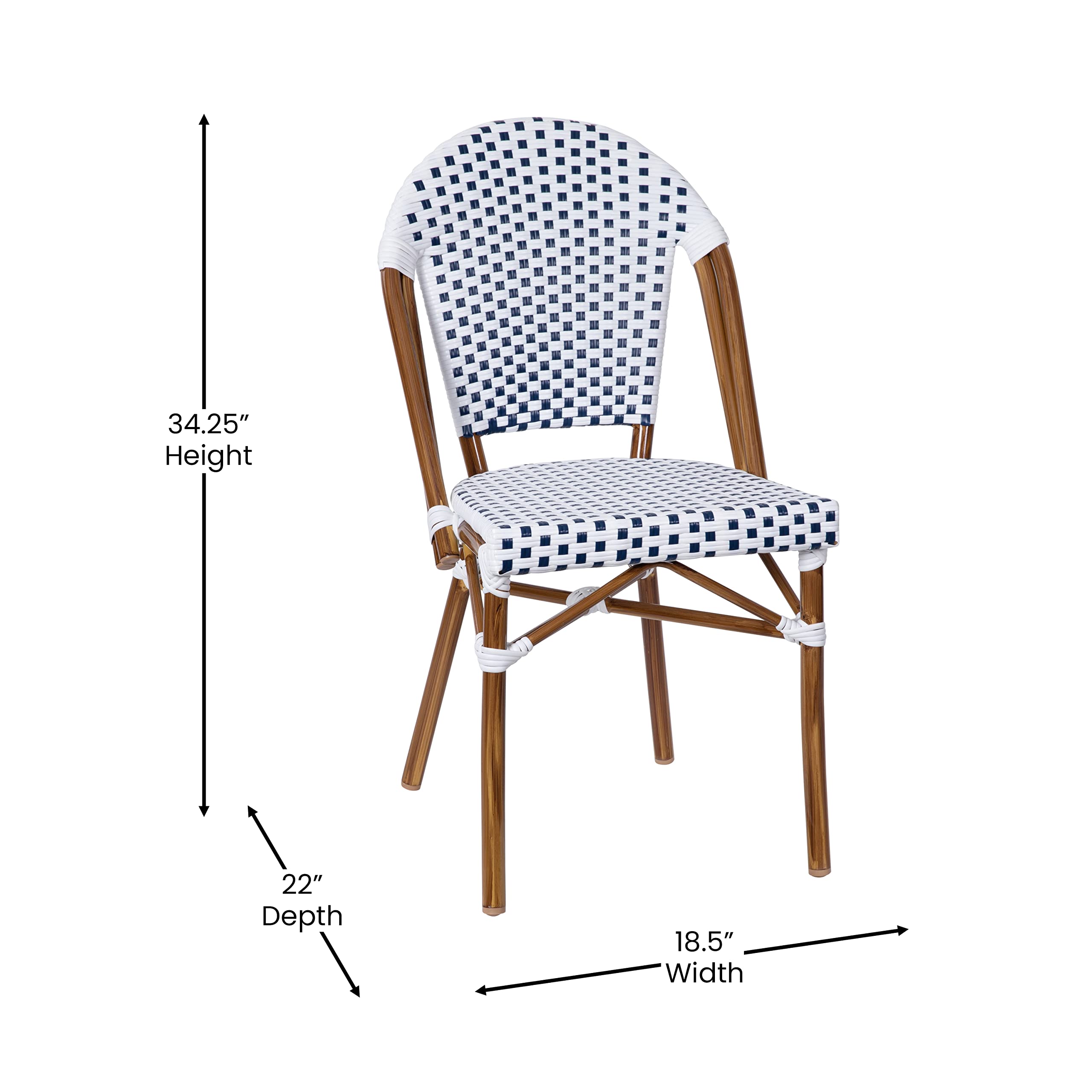 Merrick Lane Celia Bistro Chair - White & Navy Woven PE Seat and Back - Bamboo Finish Aluminum Frame - Set of Two