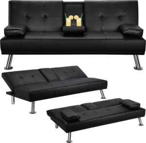 anwickmak convertible futon sofa bed,pu leather modern couch loveseat sleeper, folding daybed guest bed, removable armrests, 2 cup holders, metal legs (black)