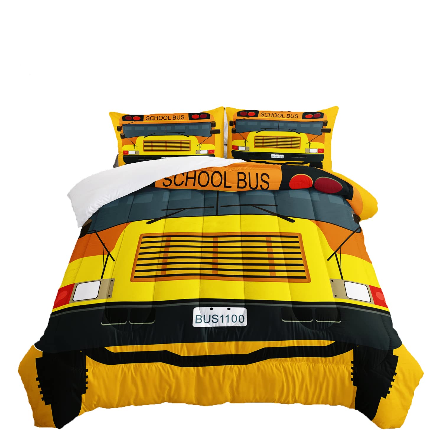 BBchose 3D Cartoon School Bus Bedding Set for Kids，Funny School Bus Ultra Soft All Seasons Comforter Set Cool Car Theme Bed Set 1 Comforter 2 Pillowcases (Queen)