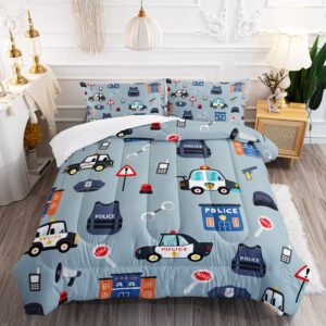 BBchose 3D Cartoon Police Car Bedding Set for Kids，Lovely Police Equipment Ultra Soft All Seasons Comforter Set Kawaii Police Theme Bed Set 1 Comforter 2 Pillowcases (Blue, Twin)